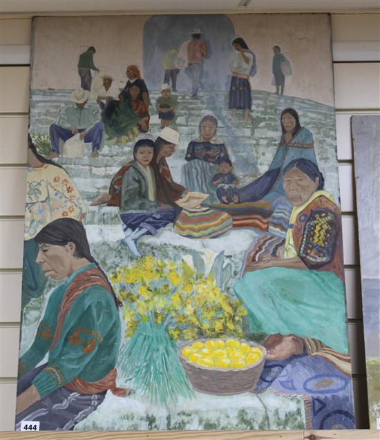 South American School, oil on hard board, Flower seller on the church steps, 83 x 57cm, unframed